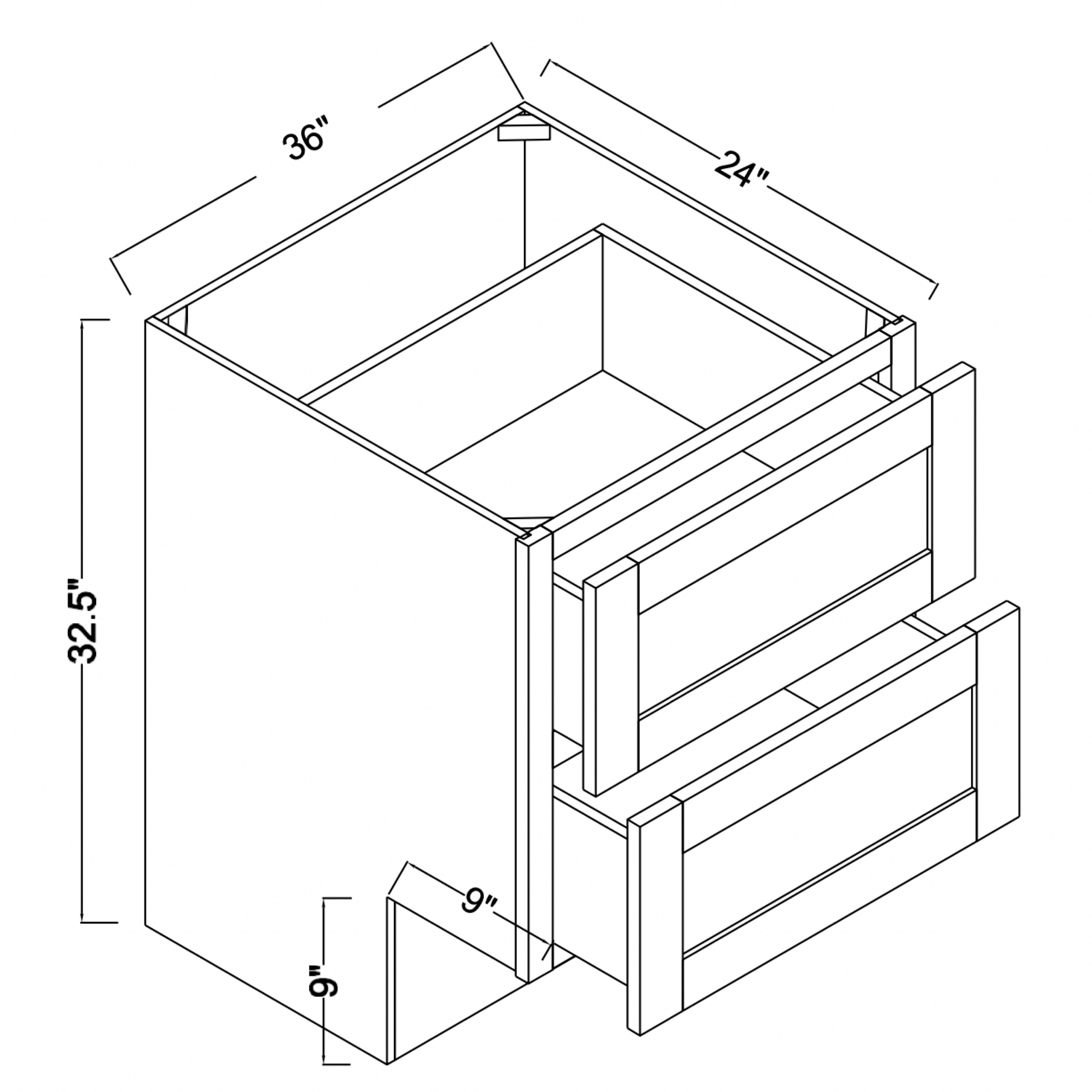 DB36-2ADA - Assembled Concord Tricorn Black - ADA Drawer Base Cabinet - Double Drawers (Modified Cabinet)