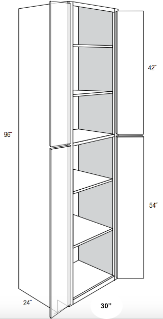 WP3096 - RTA Weston White Shaker - Utility Pantry Cabinet - Double Doors - 30"W x 96"H x 24"D