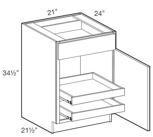 B21R-2T - Manhattan High Gloss Metallic - Base 21" - Single Door/Single Drawer - 2 Rollout Trays - Hinges On Right