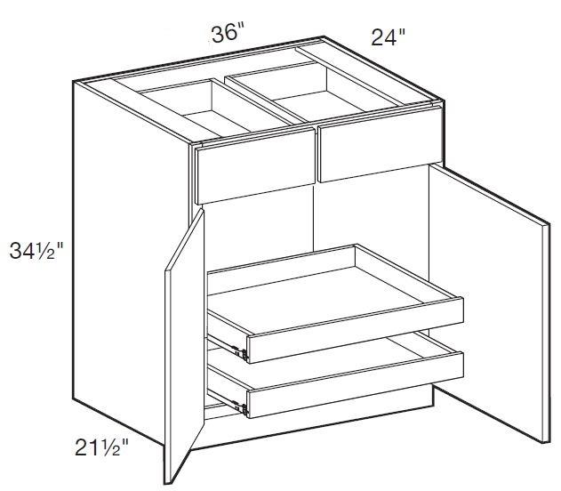 B36-2T - Manhattan High Gloss White - Base 36" - Double Door/Double Drawer - 2 Rollout Trays