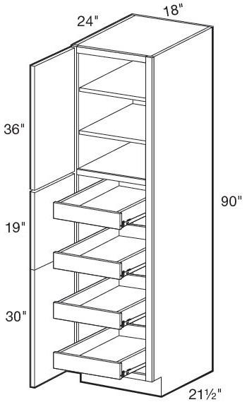 U182490L-4T - Manhattan High Gloss White - Utility 18" x 24" x 90" 4 rollout - Single Door - Hinges On Left