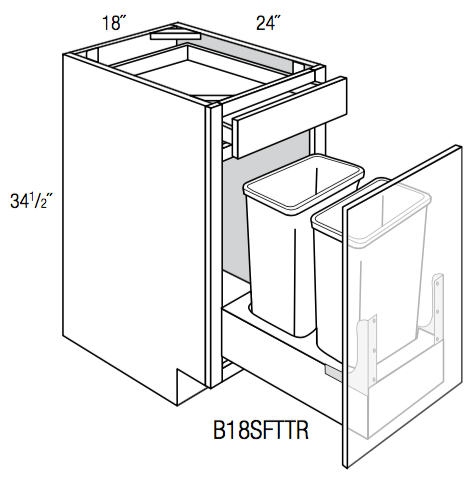 B18SFTTR - Norwich Recessed - Base Cabinet/ Soft-close Trash Pull - Single Door/Drawer